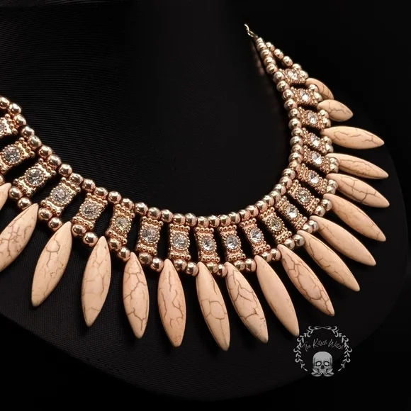 ROSE Gold Toned Faux Howlite Bib Statement Necklace with Rhinestone Accents - Picture 2 of 5
